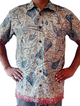 Load image into Gallery viewer, Wayang Pheasant and Broadleaf design with Red Borders Classic Men's Collared, Short Sleeve, Left-Breast Pocket, Handcrafted 100% Cotton Batik Shirt from Java, Indonesia
