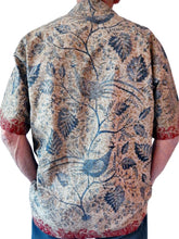 Load image into Gallery viewer, Wayang Pheasant and Broad Leaf Tjap Style Classic Men's Collared, Short Sleeve, Left-Breast Pocket, Handcrafted 100% Cotton Batik Shirt from Java, Indonesia