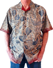 Load image into Gallery viewer, Wayang Pheasant and Broad Leaf Tjap Style Classic Men's Collared, Short Sleeve, Left-Breast Pocket, Handcrafted 100% Cotton Batik Shirt from Java, Indonesia