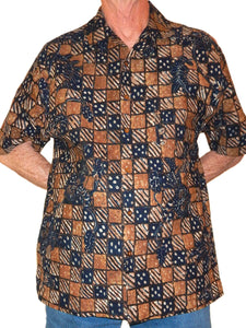 Checkered Off-White, Light Brown, Indigo Blue Classic Men's Collared, Short Sleeve, Left-Breast Pocket, Handcrafted 100% Cotton Batik Shirt from Java, Indonesia