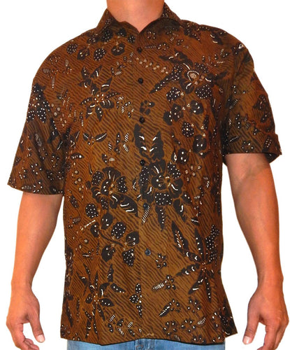 Front, Blooms and Fern Sprays White, Brown and Black, Classic Men's Collared, Short Sleeve, Left-Breast Pocket, Handcrafted 100% Cotton Batik Shirt from Java, Indonesia