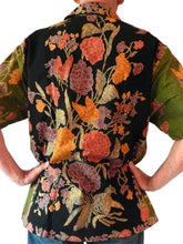 Load image into Gallery viewer,  Back of Multicolored Floral Tjap Style Classic Men&#39;s Collared, Short Sleeve, Left-Breast Pocket, Handcrafted 100% Cotton Batik Shirt from Java, Indonesia
