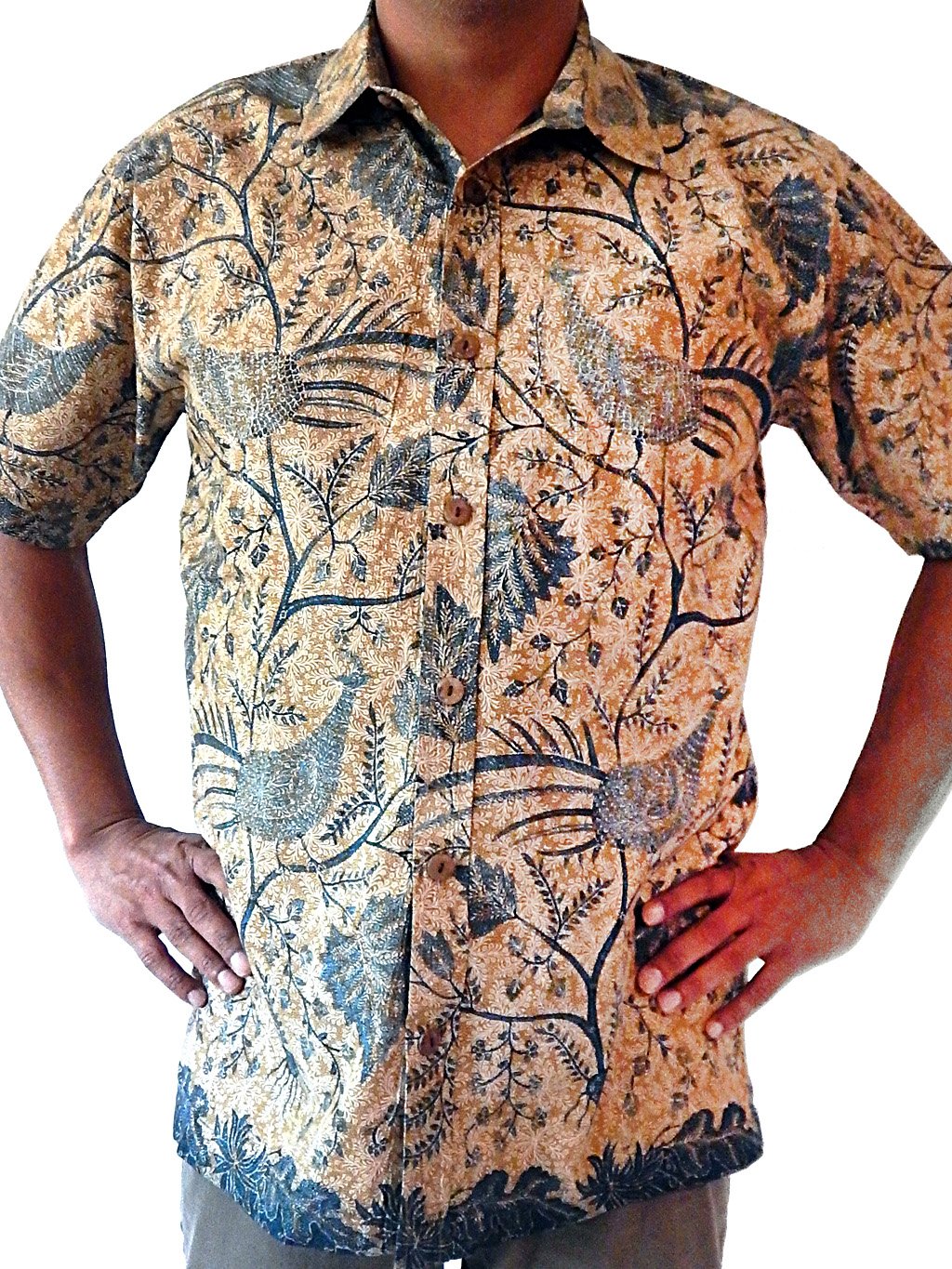 Wayang Pheasant and Broadleaf, Classic Men's Collared, Short Sleeve, Left-Breast Pocket, Handcrafted 100% Cotton Batik Shirt from Java, Indonesia