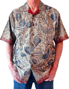 Wayang Pheasant and Broad Leaf Tjap Style Classic Men's Collared, Short Sleeve, Left-Breast Pocket, Handcrafted 100% Cotton Batik Shirt from Java, Indonesia