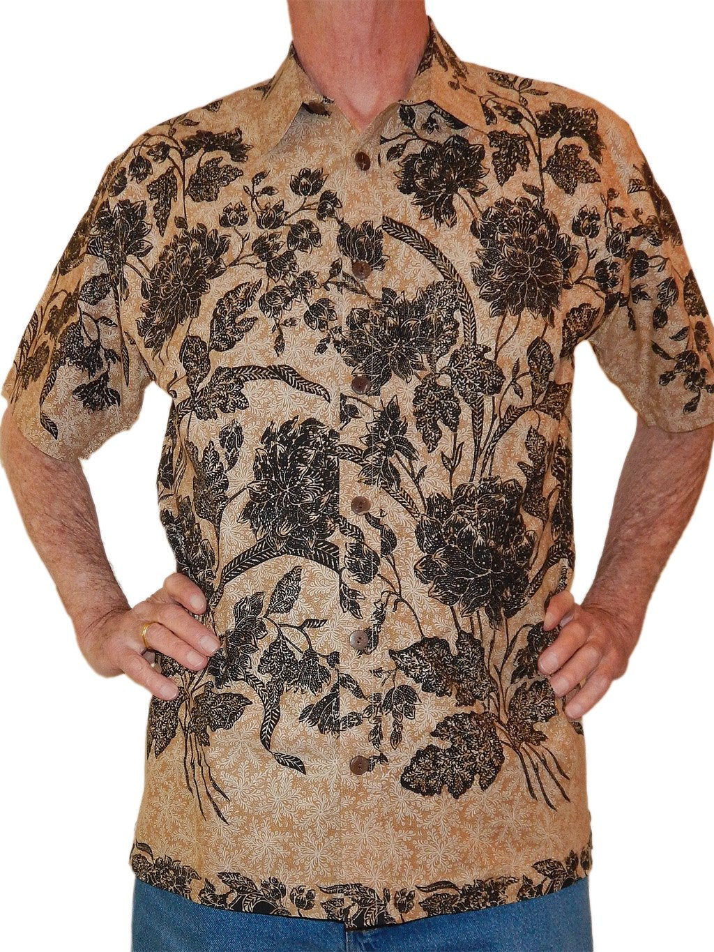 Pekalongan Bloom and Fern Leaf design. Classic Men's Collared, Short Sleeve, Left-Breast Pocket, Handcrafted 100% Cotton Batik Shirt from Java, Indonesia