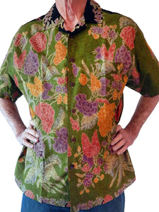 Front of Multicolored Floral Tjap Style Classic Men's Collared, Short Sleeve, Left-Breast Pocket, Handcrafted 100% Cotton Batik Shirt from Java, Indonesia