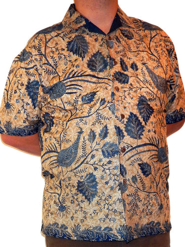 Traditional batik men's short sleeve shirt featuring Javanese Pheasants and Broadleaf and Small Floral in Off-White, Light Brown, and Dark Blue